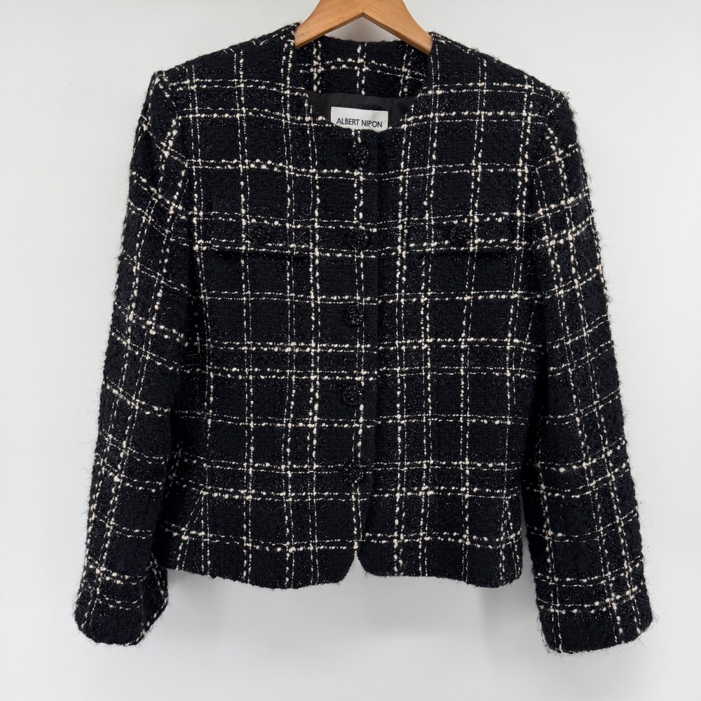 Albert Nipon Suits Black White Wool Bouclé Tweed Plaid Jacket Blazer Size 12